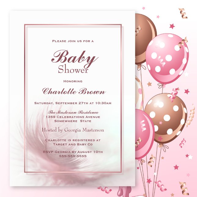 Dusty Pink Feather Baby Shower Invitation (Creator Uploaded)