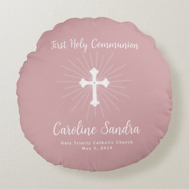 Dusty Pink First Communion with Cross Round Cushion (Front)