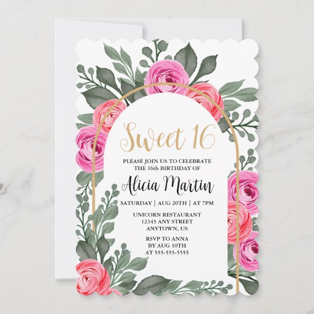 Dusty Pink Flora Greenery Rose Gold Sweet 16  Invitation (Front)