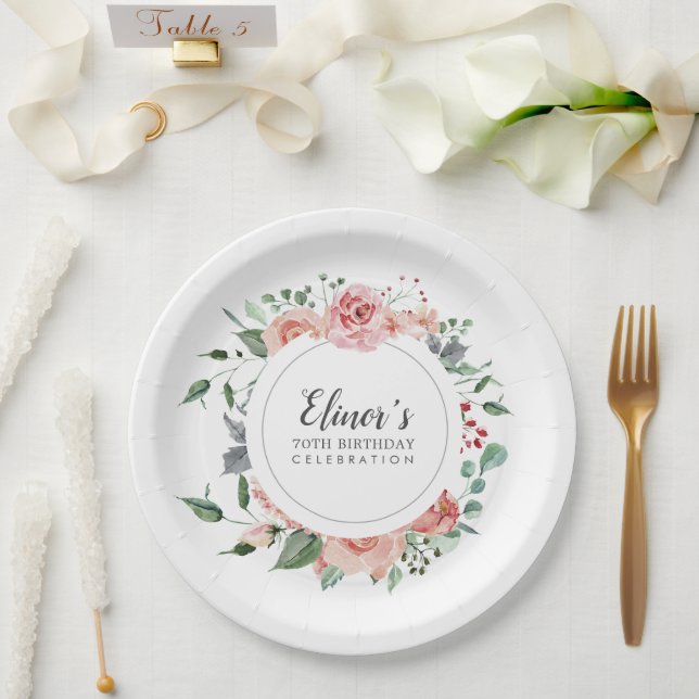 Dusty Pink Floral 70th Birthday Thank You Paper Plate (Wedding)