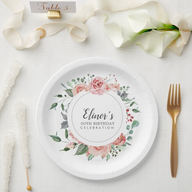Dusty Pink Floral 90th Birthday Thank You Paper Plate (Wedding)