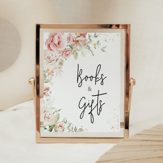 Dusty Pink Floral Baby Shower Books and Gifts Poster (Dusty Pink Floral Greenery Baby Shower Books and Gifts Sign)