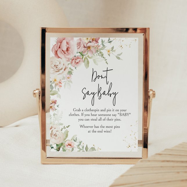 Dusty Pink Floral Baby Shower Don't Say Baby Poster (Dusty Pink Floral Greenery Baby Shower Don't Say Baby Sign)