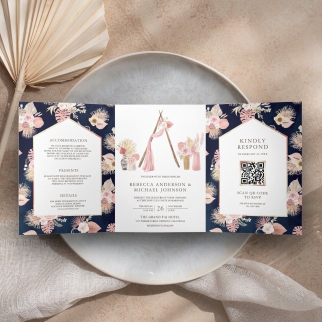 Dusty Pink Floral Boho Arbor Navy QR Code Wedding Tri-Fold Invitation (Creator Uploaded)