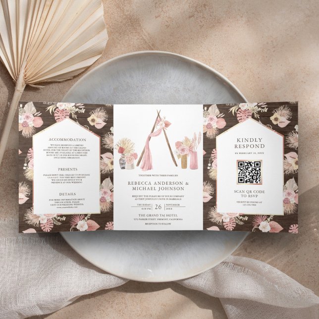 Dusty Pink Floral Boho Arbor Wood QR Code Wedding Tri-Fold Invitation (Creator Uploaded)