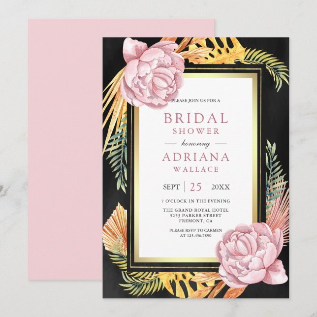 Dusty Pink Floral Boho Palm Black Bridal Shower Invitation (Front/Back)