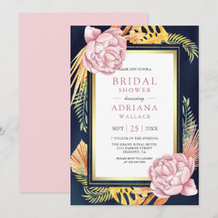 Dusty Pink Floral Boho Palm Navy Bridal Shower Invitation