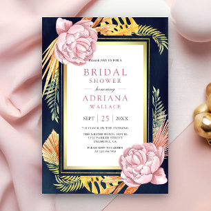 Dusty Pink Floral Boho Palm Navy Bridal Shower Invitation