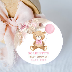 Dusty Pink Floral Boho Teddy Bear Baby Shower Classic Round Sticker
