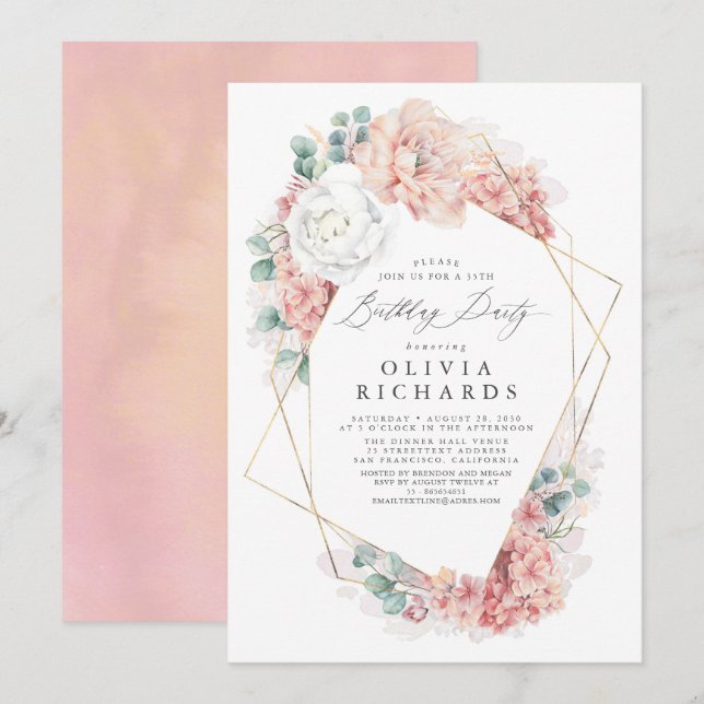 Dusty Pink Floral Botanical Elegant Birthday Invit Invitation (Front/Back)