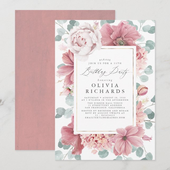 Dusty Pink Floral Botanical Elegant Birthday Invitation (Front/Back)
