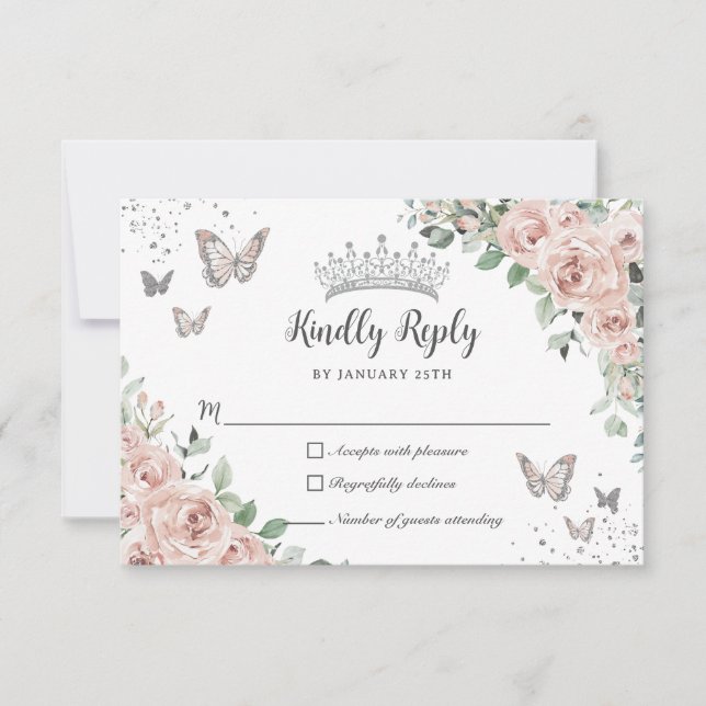 Dusty Pink Floral Butterflies Silver Quinceañera RSVP Card (Front)