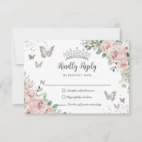 Dusty Pink Floral Butterflies Silver Quinceañera