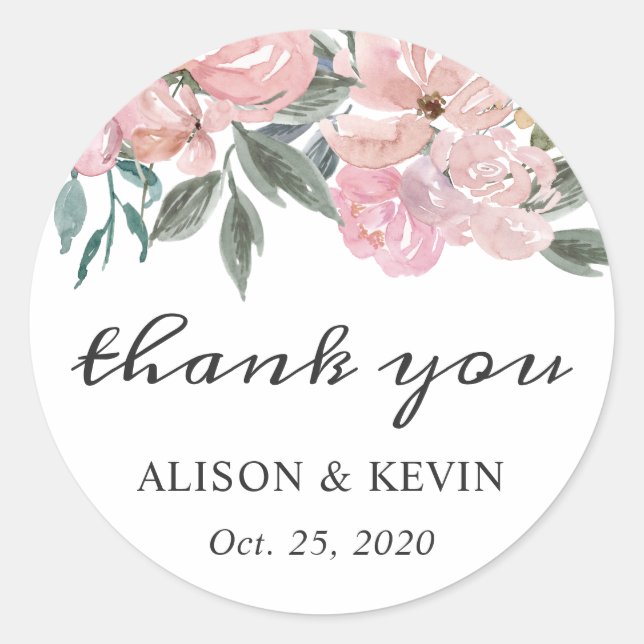 Dusty Pink Floral Calligraphy Script Thank You Classic Round Sticker (Front)