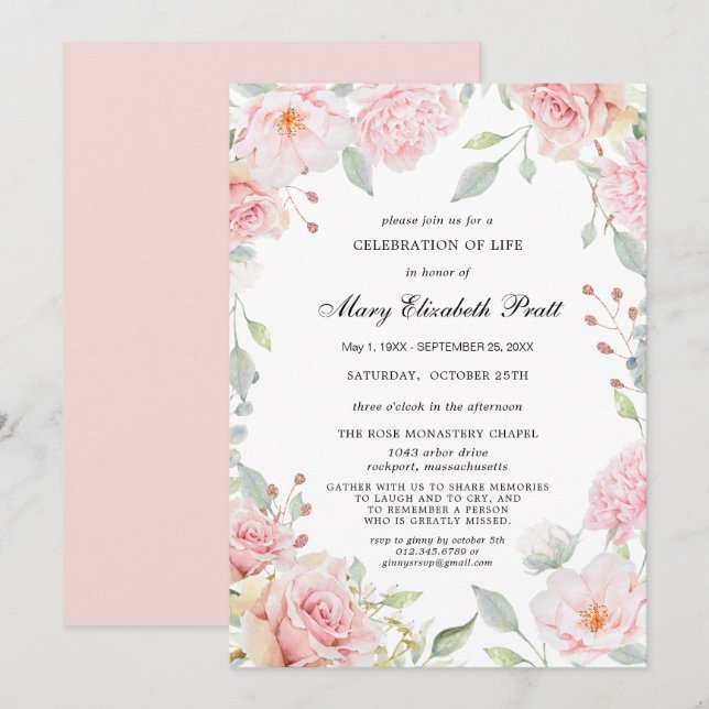 Dusty Pink Floral Celebration of Life Invitation (Front/Back)