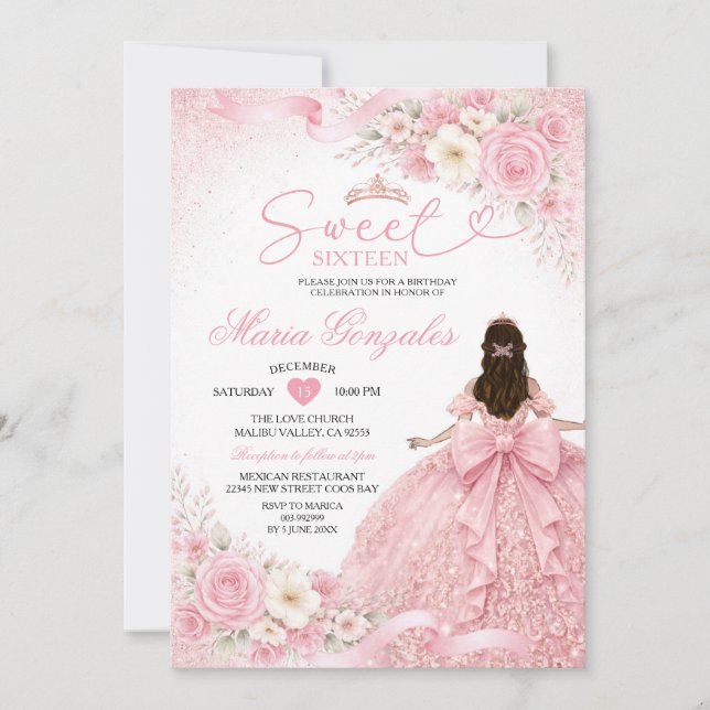 Dusty Pink Floral Charra Princess Sweet Sixteen Invitation (Front)