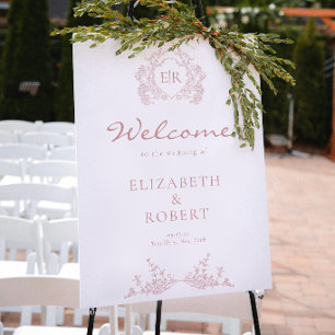 Dusty Pink Floral Crest Monogram Wedding Welcome Poster