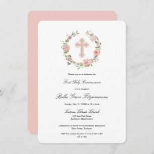 Dusty Pink Floral Cross Wreath First Communion Invitation