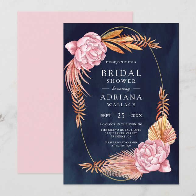 Dusty Pink Floral Dried Palm Navy Bridal Shower Invitation (Front/Back)