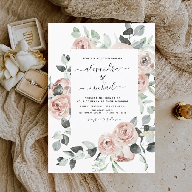 Dusty Pink Floral Eucalyptus Greenery Wedding Invi Invitation (Creator Uploaded)