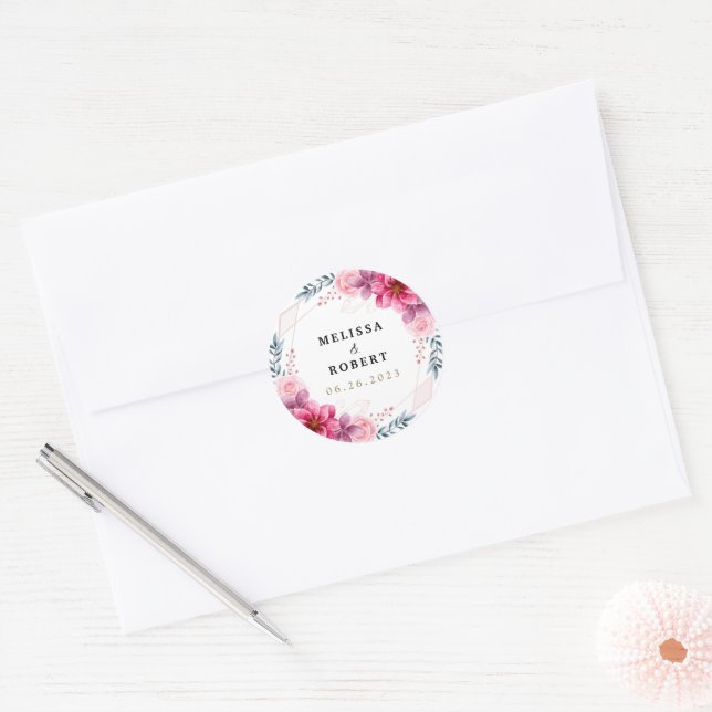 Dusty Pink Floral Geometric Greenery Wedding Classic Round Sticker (Envelope)