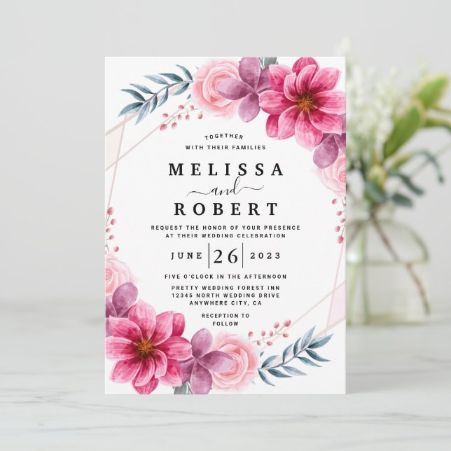 Dusty Pink Floral Geometric Greenery Wedding Invitation (Standing Front)