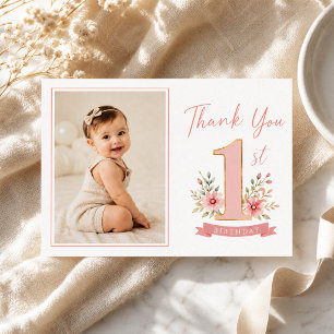 Dusty Pink Floral Girl 1st Birthday Photo Thank You Card