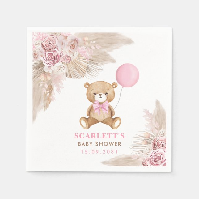 Dusty Pink Floral Girl Boho Teddy Bear Baby Napkin (Front)