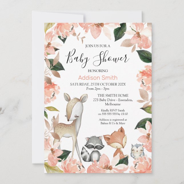 Dusty Pink Floral Girls Woodland Baby Shower  Invi Invitation (Front)