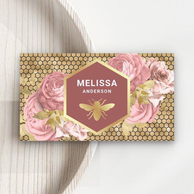 Dusty Pink Floral Gold Foil Honeycomb Honey Bee Business Card (Creator Uploaded)