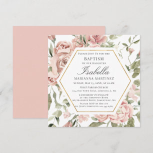 Dusty Pink Floral Gold Frame Baptism Invitation