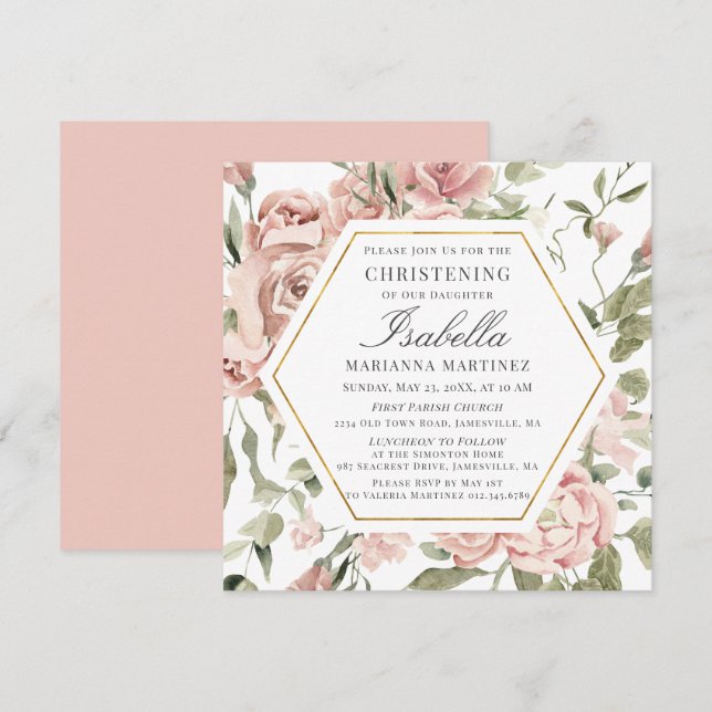 Dusty Pink Floral Gold Frame Christening Invitation (Front/Back)