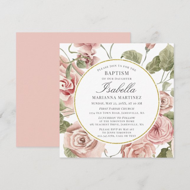 Dusty Pink Floral Gold Round Frame Baptism Invitation (Front/Back)