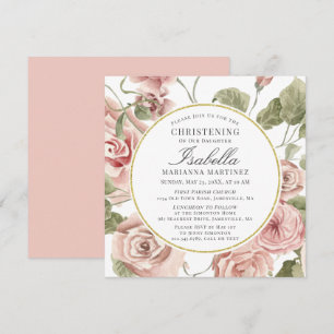 Dusty Pink Floral Gold Round Frame Christening Invitation