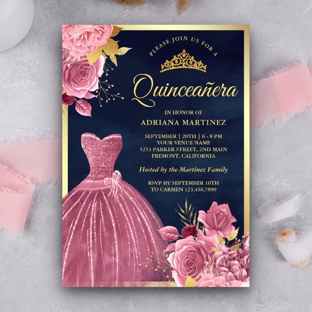 Dusty Pink Floral Gown Navy Blue Gold Quinceanera Invitation (Creator Uploaded)