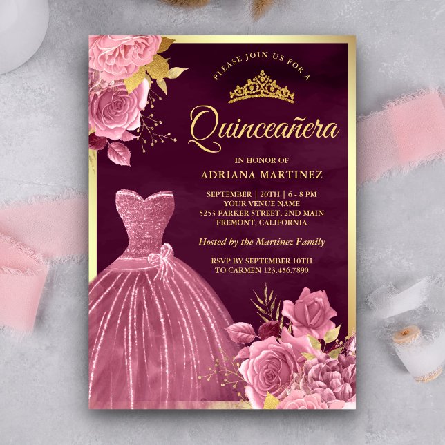 Dusty Pink Floral Gown Plum Gold Quinceanera Invitation (Creator Uploaded)