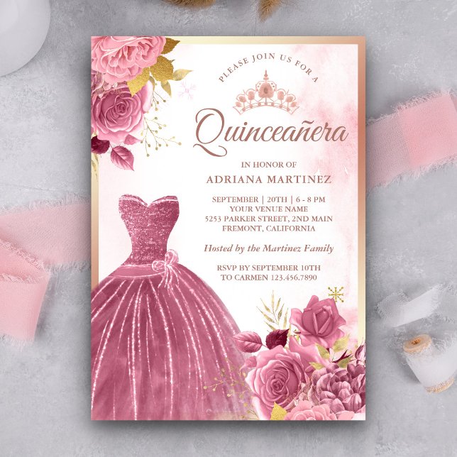 Dusty Pink Floral Gown Rose Gold Quinceanera Invitation (Creator Uploaded)