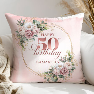 Dusty Pink Floral Greenery 50th Birthday Pillow 