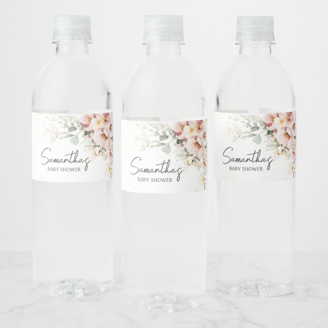 Dusty Pink Floral Greenery Baby Shower Water Bottle Label (Bottles)