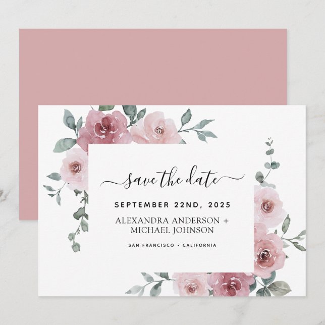 Dusty Pink Floral Greenery Save the Date  Invitati Invitation (Front/Back)