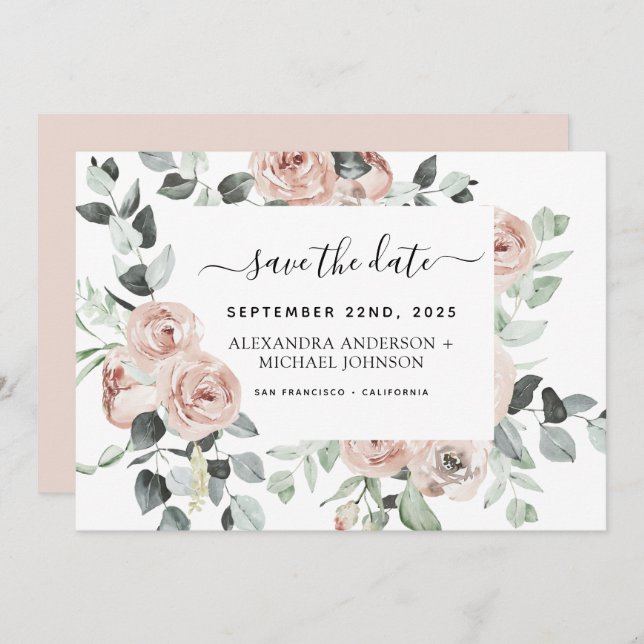 Dusty Pink Floral Greenery Save the Date  Invitation (Front/Back)