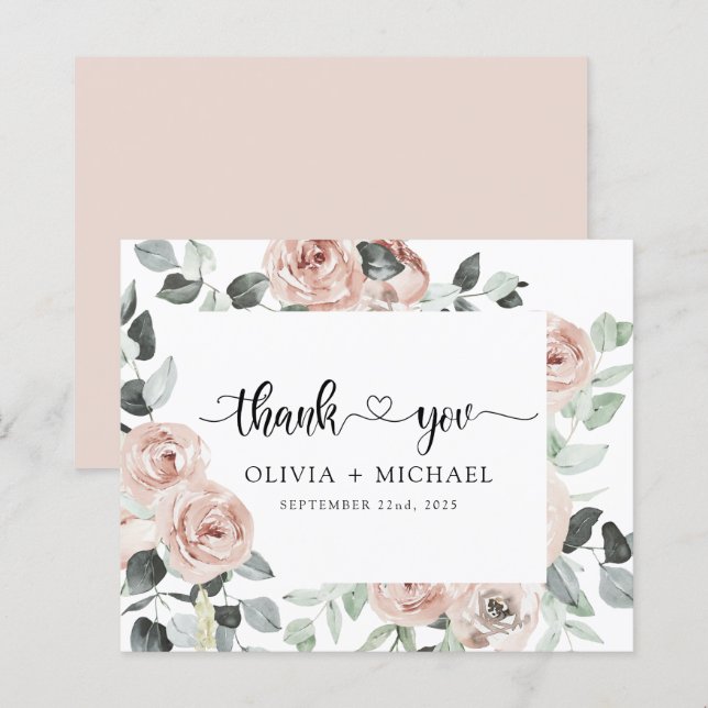 Dusty Pink Floral Greenery Thank You Invitation (Front/Back)