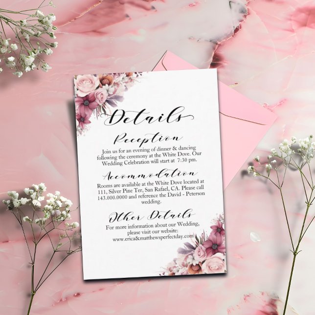 Dusty Pink Floral Modern Script Wedding Details Enclosure Card (Creator Uploaded)