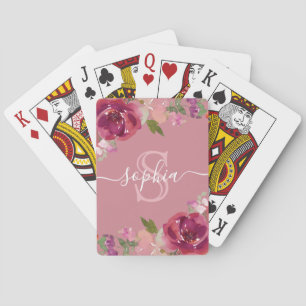 Dusty Pink Floral Monogrammed Script Name Playing Cards