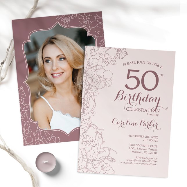 Dusty Pink Floral Photo 50th Birthday Party Invitation (Creator Uploaded)