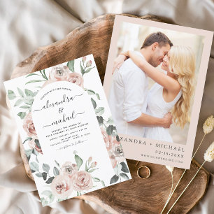 Dusty Pink Floral Photo Eucalyptus Wedding Invitation