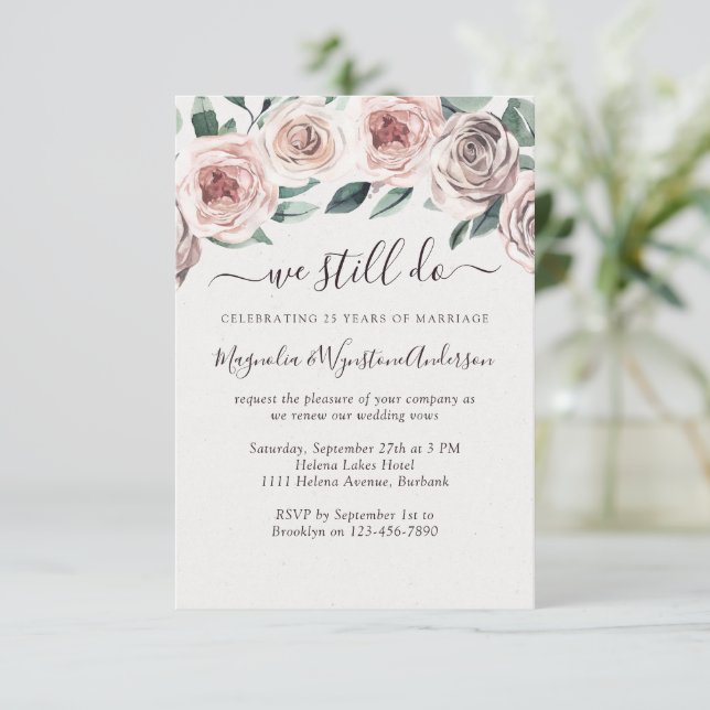Dusty Pink Floral Roses Modern Vow Renewal Invitation (Standing Front)