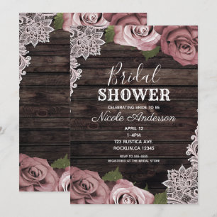 Dusty Pink Floral Roses Rustic Wood Bridal Shower Invitation