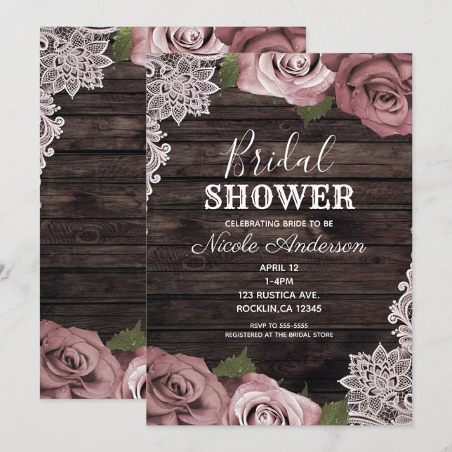 Dusty Pink Floral Roses Rustic Wood Bridal Shower Invitation (Front/Back)
