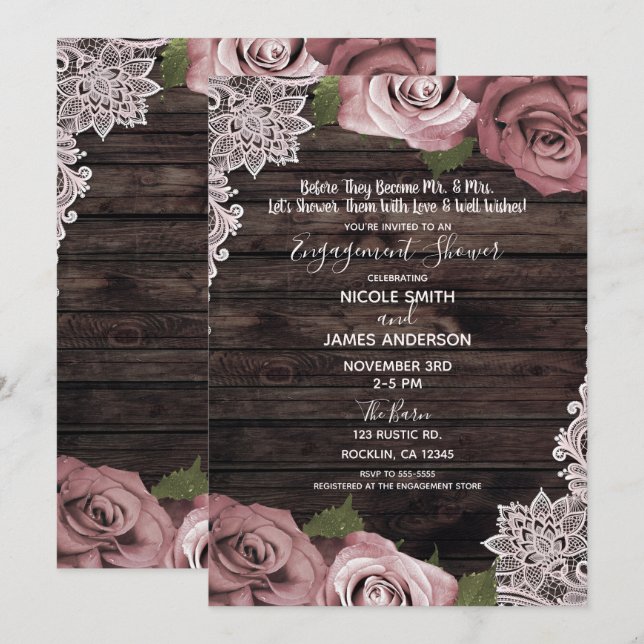 Dusty Pink Floral Roses Rustic Wood Engagement Invitation (Front/Back)